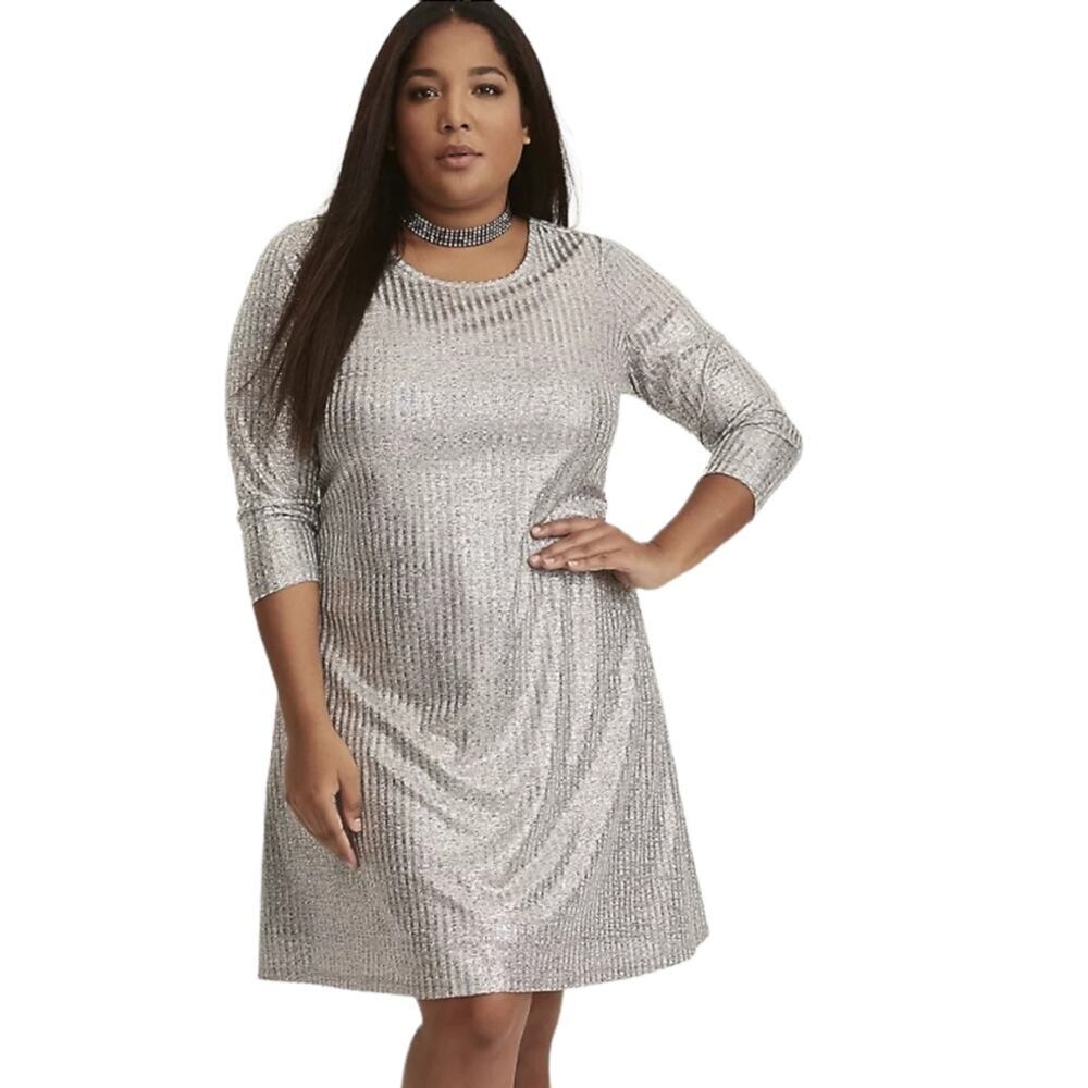 Torrid Metallic Dress Silver Shimmer Ribbed Knit Trapeze - Picture 2 of 15